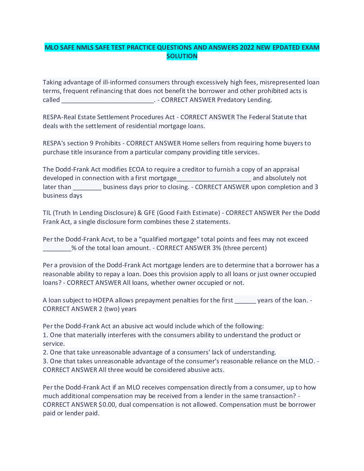 Preview image for MLO SAFE NMLS SAFE TEST PRACTICE QUESTIONS AND ANSWERS 2022 NEW EPDATED EXAM SOLUTION